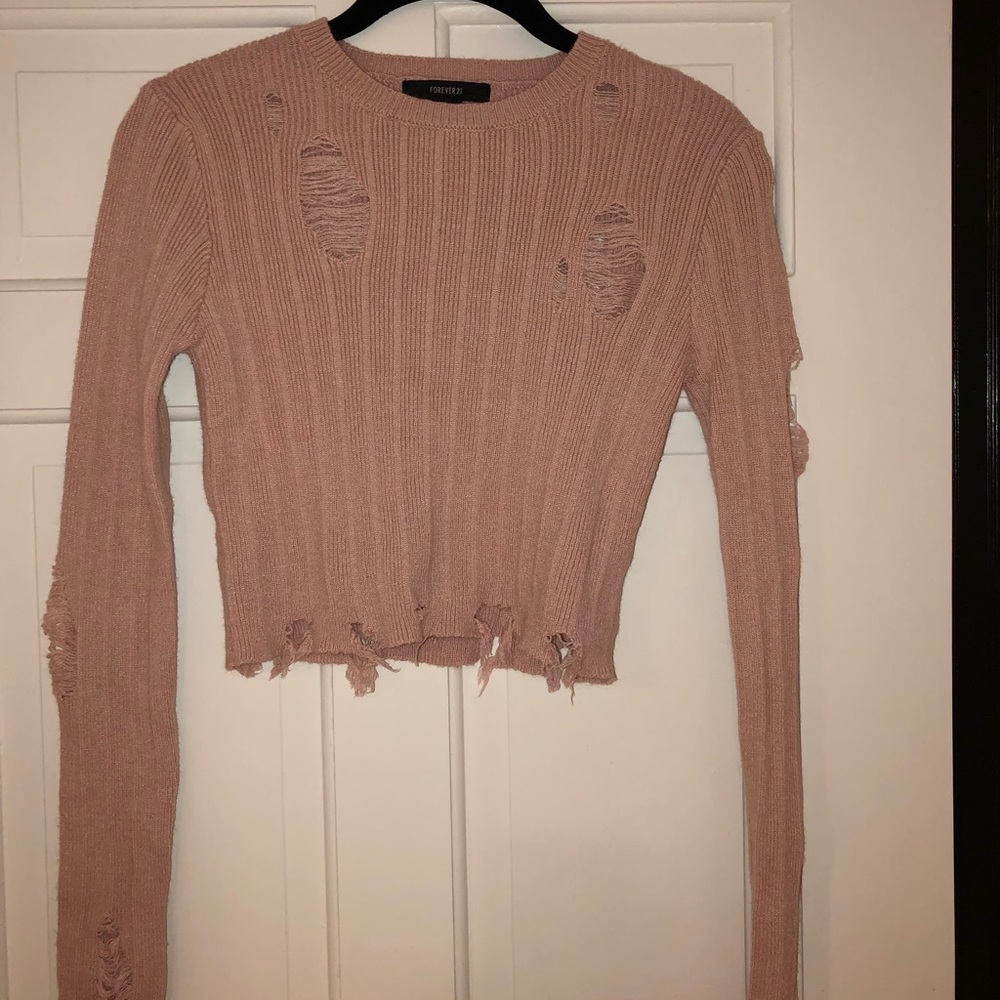 Pink crop distressed sweater